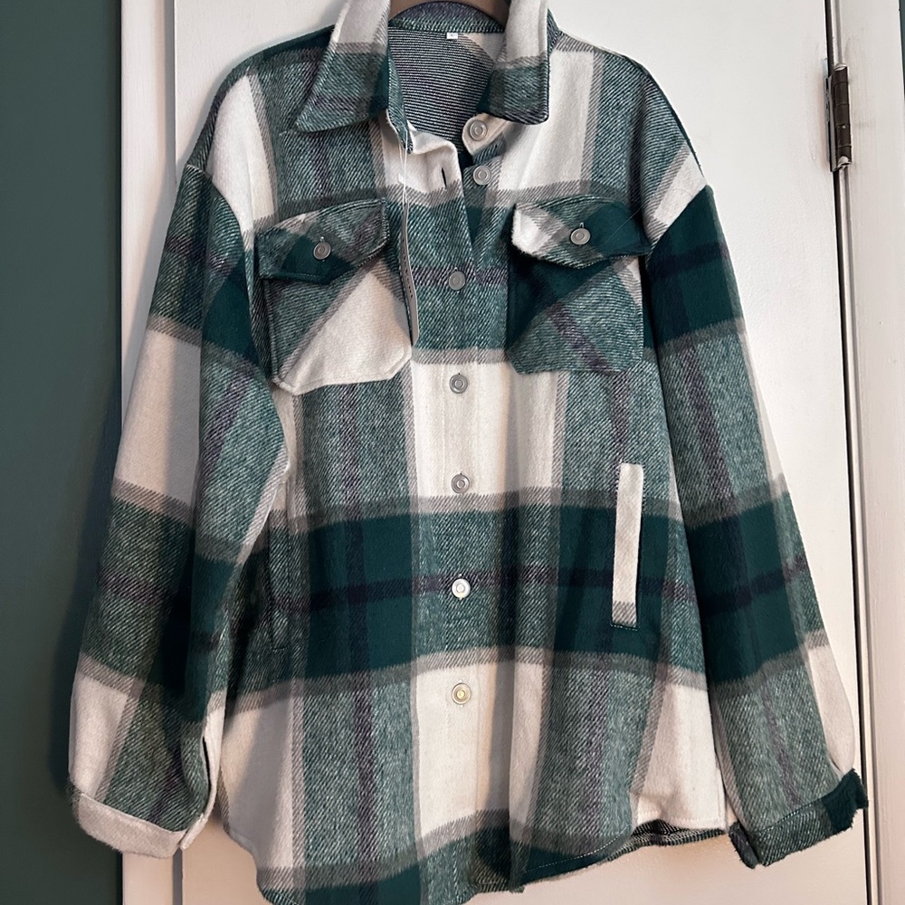 Green and White Plaid Button-Up Shirt